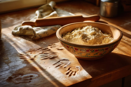 a spilled bowl of flour on kitchen counter with handprints across surface, warm indoor light and real mess feel   v 7, Generative AIの素材