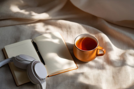 Flat lay of a journal, pen, cup of tea, and noise canceling headphones on a linen cloth, soft morning light, calm mood   v 7, Generative AIの素材