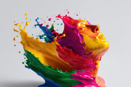 Vibrant paint splashes frozen mid air forming a human like shape, white background, zero gravity feel   v 7, Generative AIの素材