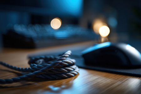 Close up of braided cable, gaming mouse, and branded mousepad on desk, low angle, moody shadows   v 7, Generative AIの素材