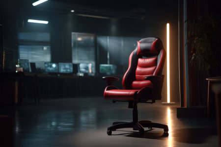 Gaming chair and LED floor lamp in dark room, glowing screens beyond, no human visible, atmospheric and clean   v 7, Generative AIの素材