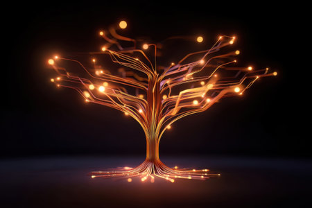 Futuristic circuit lines forming a tree shape glowing softly on dark background, tech and nature fusion   v 7, Generative AIの素材