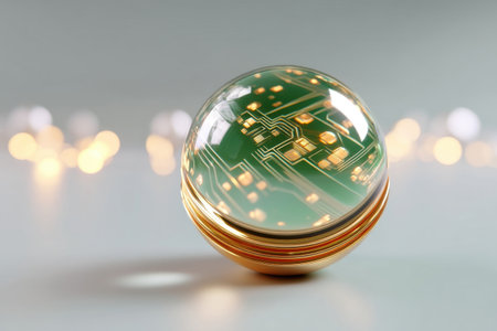 3D rendered glass sphere with microchip texture inside, resting on neutral background with soft bounce light   v 7, Generative AIの素材