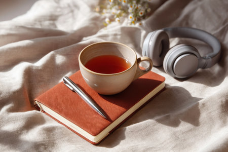 Flat lay of a journal, pen, cup of tea, and noise canceling headphones on a linen cloth, soft morning light, calm mood   v 7, Generative AIの素材