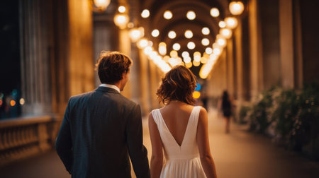 Back view of a couple walking together under hanging lights, bride's dress trailing slightly, soft focus on background archway   v 7, Generative AIの素材