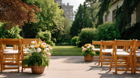 POV of walking toward ceremony chairs arranged in open garden, neutral tones, clean aisle, floral accents   v 7, Generative AIの素材