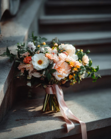 A bridal bouquet resting on a stone step, soft pastel flowers, silk ribbon flowing in the breeze, moody side light   v 7, Generative AIの素材