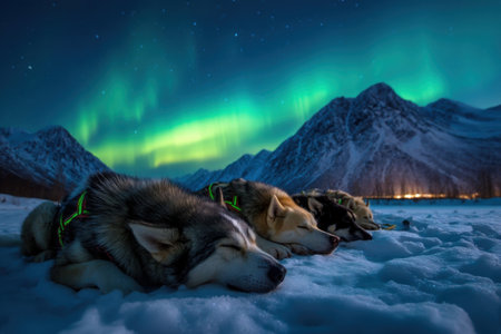 Sled dogs resting under aurora sky, harnesses glowing faintly in starlight, captured low to the ground   v 7, Generative AIの素材