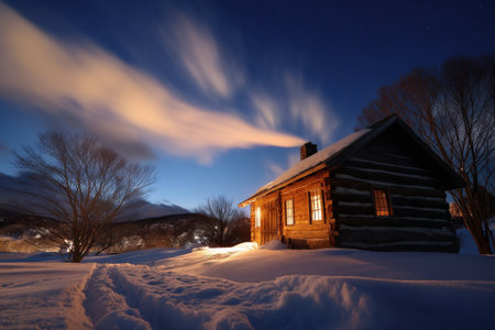 Old wooden cabin with smoke rising from chimney, aurora dancing overhead, captured wide with snow trail leading in   v 7, Generative AIの素材