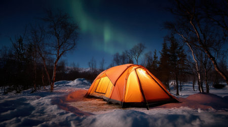 A glowing tent under the aurora in snowy wilderness, warm orange light inside contrasting cool sky, framed low and wide   v 7, Generative AIの素材