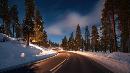 Snowy road curving into dark forest, aurora lights streaming above treetops, empty but alive with sky motion   v 7, Generative AIの素材