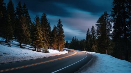 Snowy road curving into dark forest, aurora lights streaming above treetops, empty but alive with sky motion   v 7, Generative AIの素材
