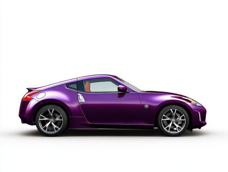 A violet sports car with a narrow seat, side view, isolated white background, Generative AIの素材