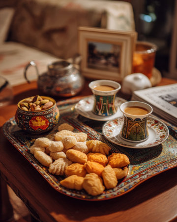 a tray of leftover Eid sweets and tea cups beside a family photo frame, warm symbolic moment of rest   v 7, Generative AIの素材