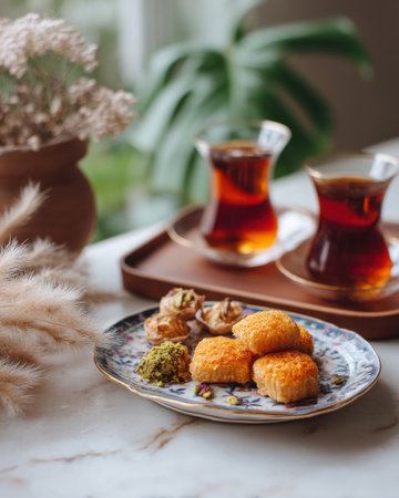 a tray of leftover Eid sweets and tea cups beside a family photo frame, warm symbolic moment of rest   v 7, Generative AIの素材