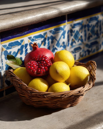 Basket of lemons and pomegranates set against tiled Spanish steps, sun casting crisp shadows, high color saturation   v 7, Generative AIの素材