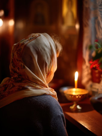 An elderly woman in a headscarf lighting a candle at a small icon corner, her face turned away, background soft and reverent, warm candle glow as main light source   v 7, Generative AIの素材