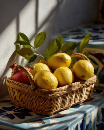 Basket of lemons and pomegranates set against tiled Spanish steps, sun casting crisp shadows, high color saturation   v 7, Generative AIの素材