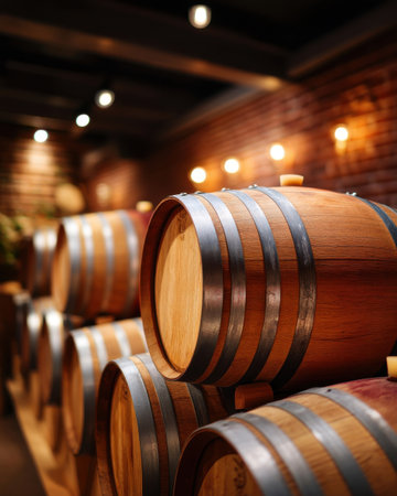 Close up of wine barrels stacked inside a traditional bodega, warm ambient light, textures of wood and metal, shot from waist level   v 7, Generative AIの素材