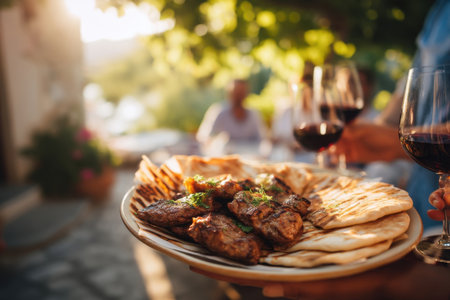 a plate of grilled meat and flatbread being shared outdoors under tree shade, relaxed holiday moment   v 7, Generative AIの素材