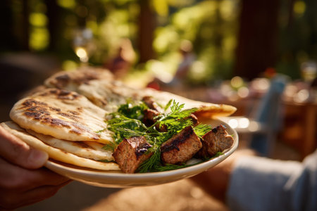a plate of grilled meat and flatbread being shared outdoors under tree shade, relaxed holiday moment   v 7, Generative AIの素材