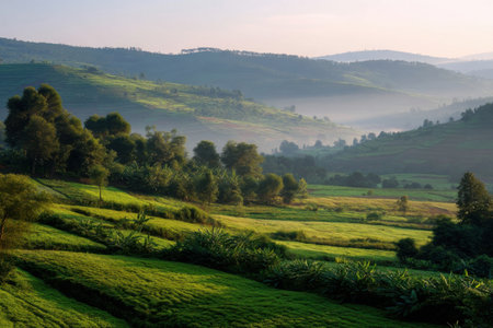 Wide shot of peaceful farmland in Burundi, terraced hills and distant workers, morning haze creating gentle separation between layers, calm and balanced composition   v 7, Generative AIの素材