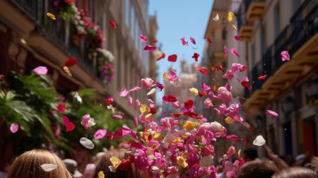 A floral float passing through a narrow Murcia street, seen from behind the crowd, colorful petals flying in the air, midday hard light and joy   v 7, Generative AIの素材