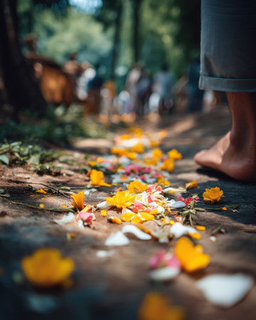 Feet of barefoot pilgrims walking slowly over flower strewn path on Pentecost Monday, focus on motion and ritual without showing faces   v 7, Generative AIの素材