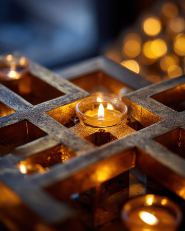 Close up of cross shaped candleholder with flames flickering, blurred gold leaf icon in background, storytelling through light   v 7, Generative AIの素材