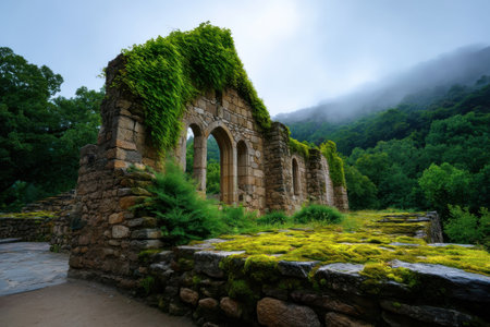 Ancient monastery ruins in La Rioja hills, moss on stone walls, early morning mist rolling through, historic and spiritual tone   v 7, Generative AIの素材