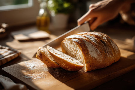 Bread being sliced open in a family kitchen, flour on wooden table, sunlight hitting hands and crust, shot close and tactile   v 7, Generative AIの素材