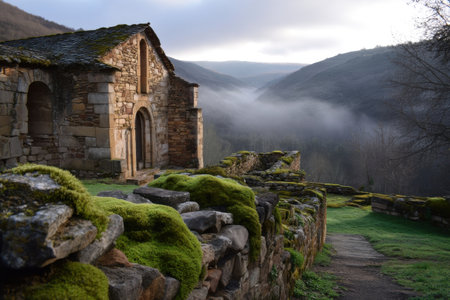 Ancient monastery ruins in La Rioja hills, moss on stone walls, early morning mist rolling through, historic and spiritual tone   v 7, Generative AIの素材