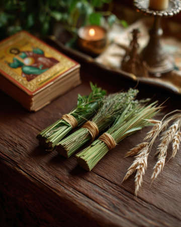 Wild herbs and grasses tied into bundles beside a hand painted icon of the Holy Trinity, green and gold color palette   v 7, Generative AIの素材
