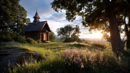 Simple rural Orthodox chapel seen through trees, wildflowers blooming nearby, captured at dawn, symbol of peace and solitude   v 7, Generative AIの素材