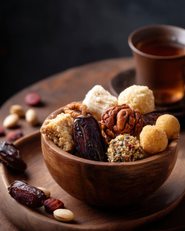 Traditional Eid sweets in a wooden bowl, surrounded by dates and tea, strong top down light and rich textures   v 7, Generative AIの素材