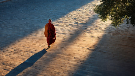 A monk walking quietly across a courtyard at dawn, cassock catching breeze, long shadows stretching over cobblestones   v 7, Generative AIの素材