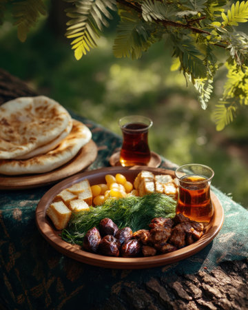 Decorated table of traditional Eid food under a tree, grilled meat, dates, flatbread and tea, vibrant composition with natural backlight   v 7, Generative AIの素材