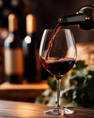 Close up of wine glass catching light during tasting session, blurred background of bottles and oak, elegant and commercial tone   v 7, Generative AIの素材