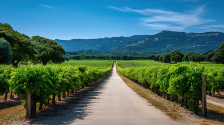 A long gravel path leading through vineyards toward distant hills, symmetry and depth pulling the eye, midday clear skies   v 7, Generative AIの素材