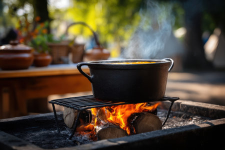 Boiled pudding being prepared over a fire during a community feast, cast iron pot, steam and motion in frame   v 7, Generative AIの素材