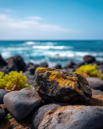 Close up of volcanic basalt rock covered in lichen near ocean, soft background bokeh of crashing waves, minimal earthy texture   v 7, Generative AIの素材