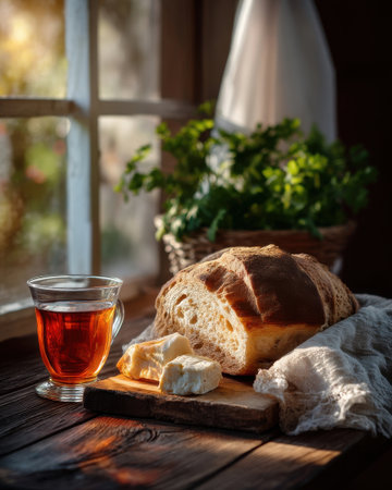 Close up of traditional Azorean bread and cheese on wooden table, paired with fresh tea, ambient light streaming from side window   v 7, Generative AIの素材