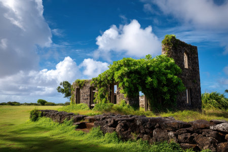 Historic stone ruins on Norfolk Island overgrown with green, seagulls flying above, wide shot with soft blue sky   v 7, Generative AIの素材