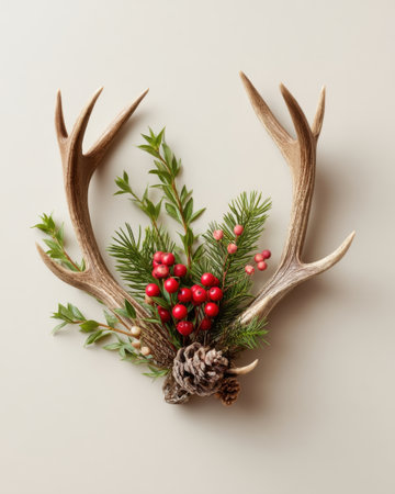 Reindeer antlers decorated with natural pine branches and red berries, styled flat lay composition, clean background   v 7, Generative AIの素材