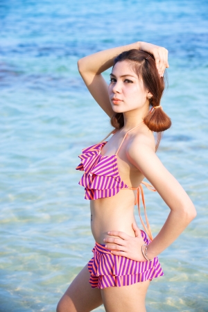 beautiful woman in bikini on the beachの写真素材