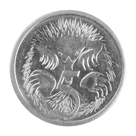 close up shot of Australian 5 cent coin isolated on a white background