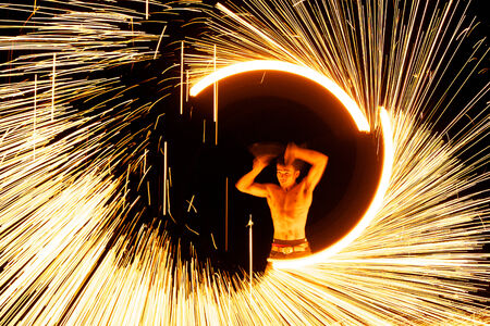 Rayong, Thailand - February, 22, 2013: amazing Fire Show on the beach at night on February, 22, 2013 at Samed Island, Rayong, Thailand.のeditorial素材