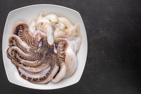 fresh raw octopus in ceramic plate on dark grey texture background with copy space for text