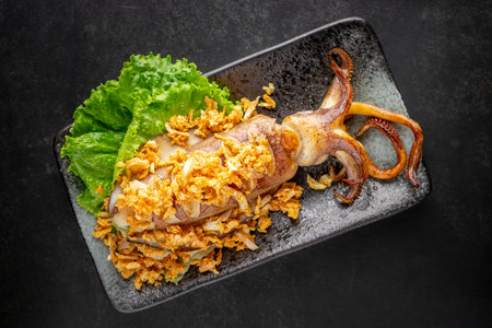 Pla Muek Tod Kra Tiam, Thai food, fried squid with garlic served with lettuce in ceramic plate on...