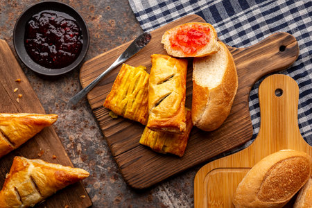 bakery, various kinds of fresh fragrant baked bread in wooden cutting board on table napkin, top...